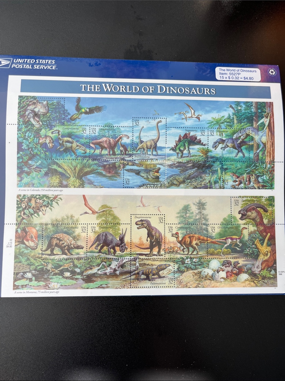 The World of Dinosaurs Sheet of 15 $0.32 stamps, NEW.